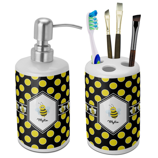 Custom Bee & Polka Dots Ceramic Bathroom Accessories Set (Personalized)