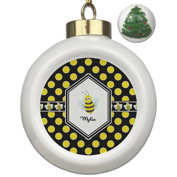 Custom Bee & Polka Dots Ceramic Ball Ornament - Christmas Tree (Personalized)