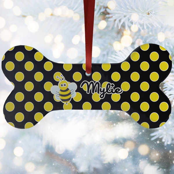 Custom Bee & Polka Dots Ceramic Dog Ornament w/ Name or Text