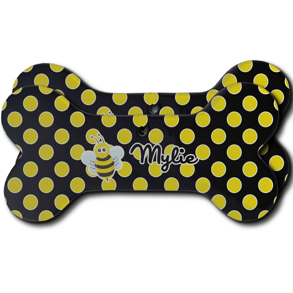 Custom Bee & Polka Dots Ceramic Dog Ornament - Front & Back w/ Name or Text