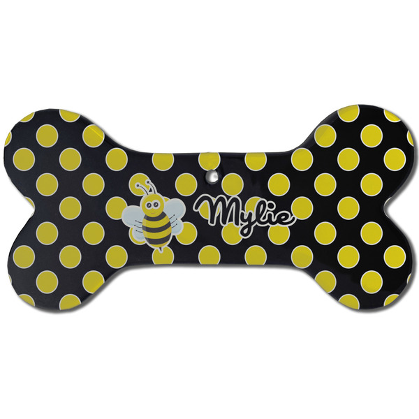 Custom Bee & Polka Dots Ceramic Dog Ornament - Front w/ Name or Text