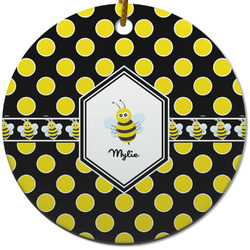 Bee & Polka Dots Round Ceramic Ornament w/ Name or Text