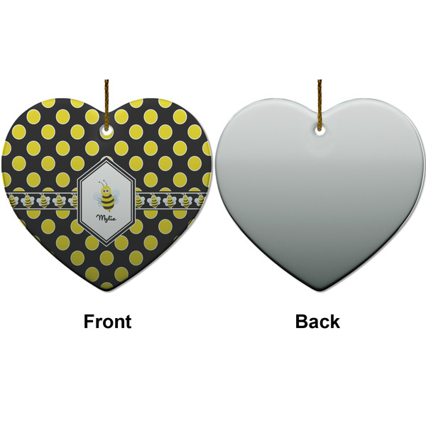 Bee & Polka Dots Ceramic Flat Ornament - Heart Front & Back (APPROVAL)