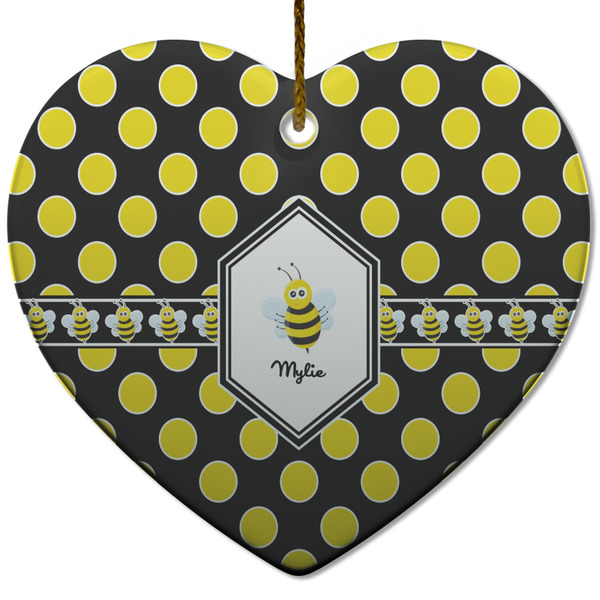 Custom Bee & Polka Dots Heart Ceramic Ornament w/ Name or Text