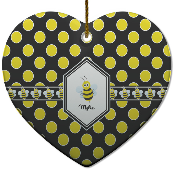 Bee & Polka Dots Ceramic Flat Ornament - Heart (Front)