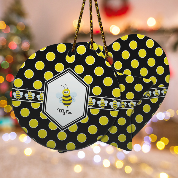 Custom Bee & Polka Dots Ceramic Ornament w/ Name or Text