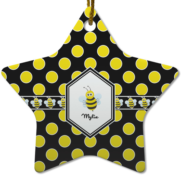 Custom Bee & Polka Dots Star Ceramic Ornament w/ Name or Text