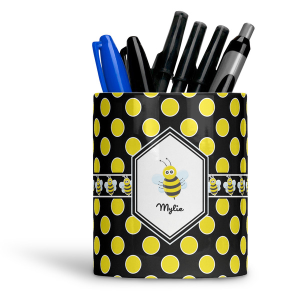 Custom Bee & Polka Dots Ceramic Pen Holder