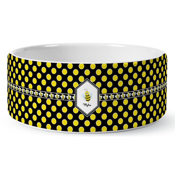 Custom Bee & Polka Dots Ceramic Dog Bowl - Medium (Personalized)