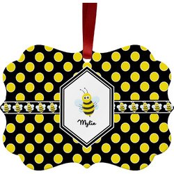 Bee & Polka Dots Metal Frame Ornament - Double Sided w/ Name or Text