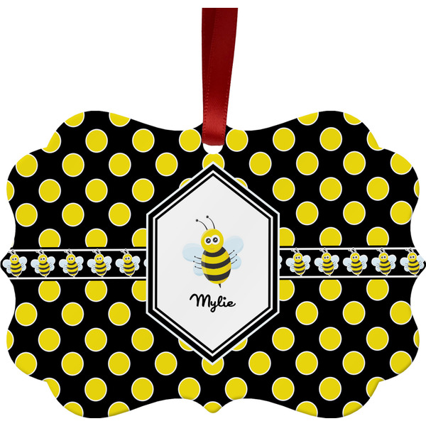 Custom Bee & Polka Dots Metal Frame Ornament - Double Sided w/ Name or Text
