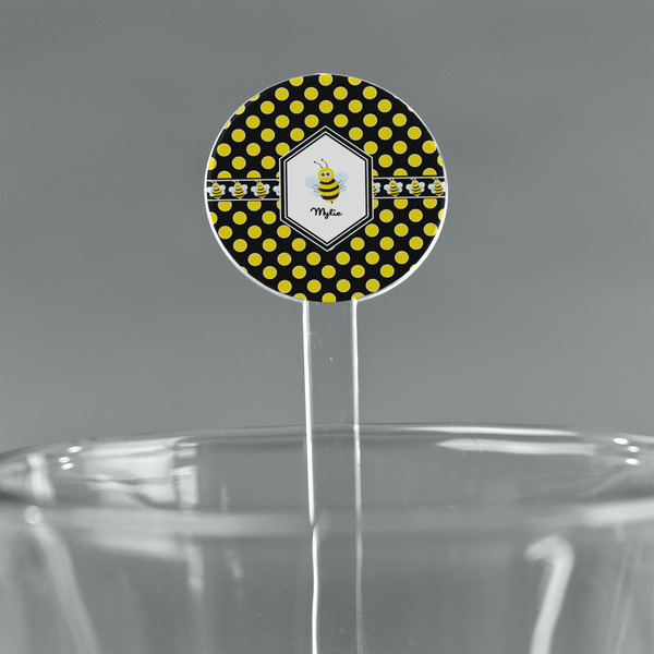 Custom Bee & Polka Dots 7" Round Plastic Stir Sticks - Clear (Personalized)
