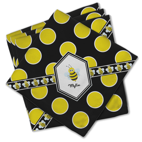 Custom Bee & Polka Dots Cloth Cocktail Napkins - Set of 4 w/ Name or Text