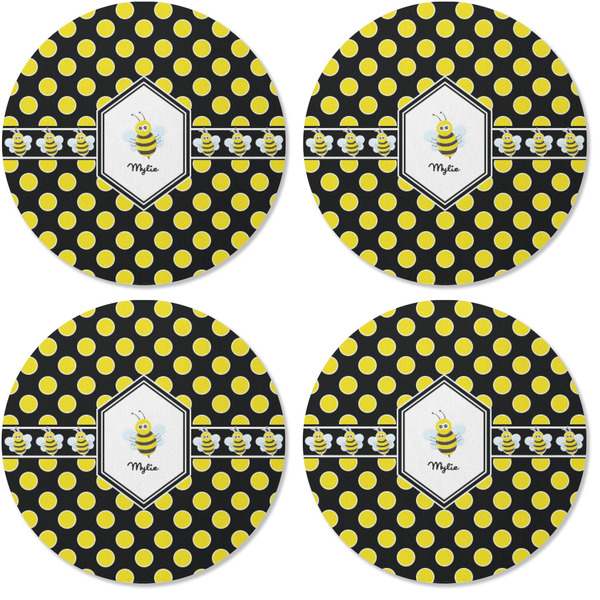 Bee & Polka Dots Coaster Round Rubber Back - Apvl