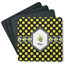 Bee & Polka Dots Square Rubber Backed Coasters - Set of 4 (Personalized)