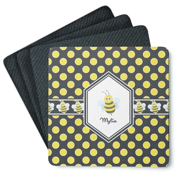 Custom Bee & Polka Dots Square Rubber Backed Coasters - Set of 4 (Personalized)