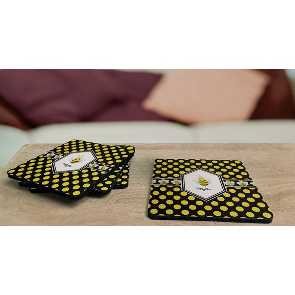 Bee & Polka Dots Coaster Rubber Back - On Coffee Table