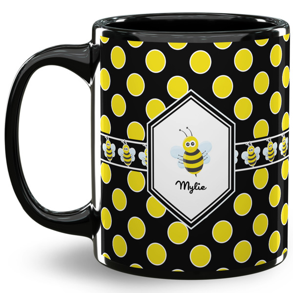 Custom Bee & Polka Dots 11 Oz Coffee Mug - Black (Personalized)