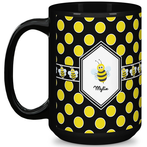 Custom Bee & Polka Dots 15 Oz Coffee Mug - Black (Personalized)
