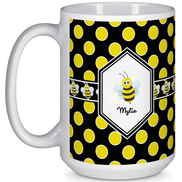 Custom Bee & Polka Dots 15 Oz Coffee Mug - White (Personalized)