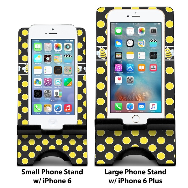 Bee & Polka Dots Compare Phone Stand Sizes - with iPhones