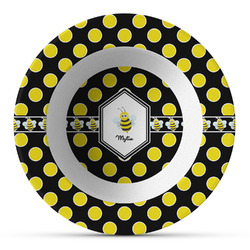 Bee & Polka Dots Plastic Bowl - Microwave Safe - Composite Polymer (Personalized)