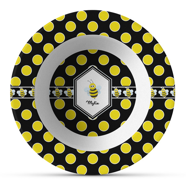 Custom Bee & Polka Dots Plastic Bowl - Microwave Safe - Composite Polymer (Personalized)