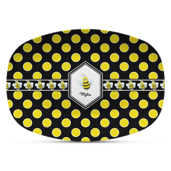 Custom Bee & Polka Dots Plastic Platter - Microwave & Oven Safe Composite Polymer (Personalized)