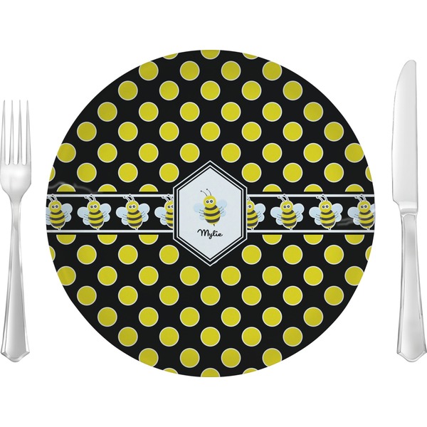 Custom Bee & Polka Dots 10" Glass Lunch / Dinner Plates - Single or Set (Personalized)