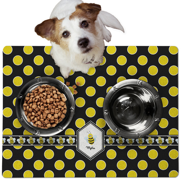 Custom Bee & Polka Dots Dog Food Mat - Medium w/ Name or Text