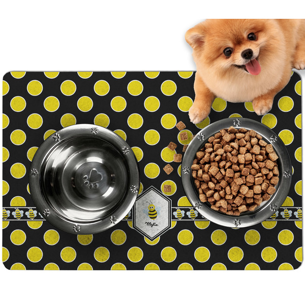 Custom Bee & Polka Dots Dog Food Mat - Small w/ Name or Text