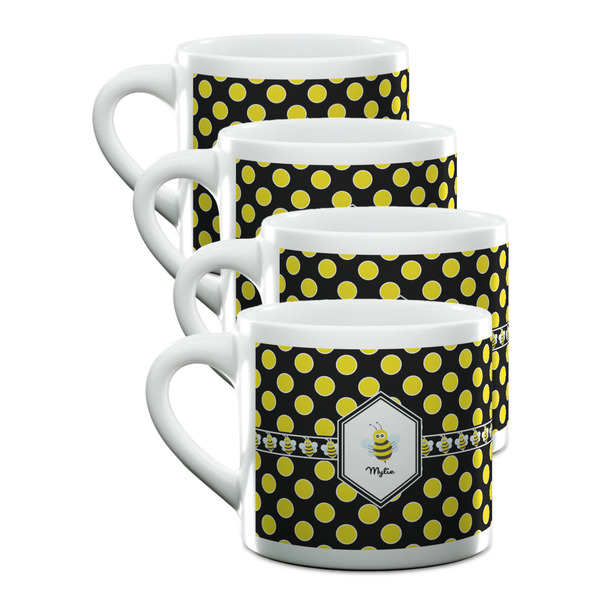 Custom Bee & Polka Dots Double Shot Espresso Cups - Set of 4 (Personalized)