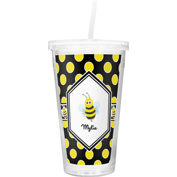 Custom Bee & Polka Dots Double Wall Tumbler with Straw (Personalized)