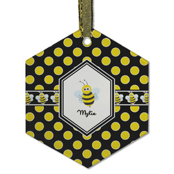 Bee & Polka Dots Flat Glass Ornament - Hexagon w/ Name or Text