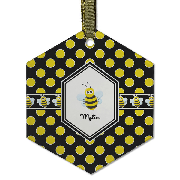 Bee & Polka Dots Frosted Glass Ornament - Hexagon