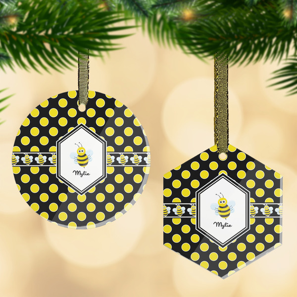 Custom Bee & Polka Dots Flat Glass Ornament w/ Name or Text