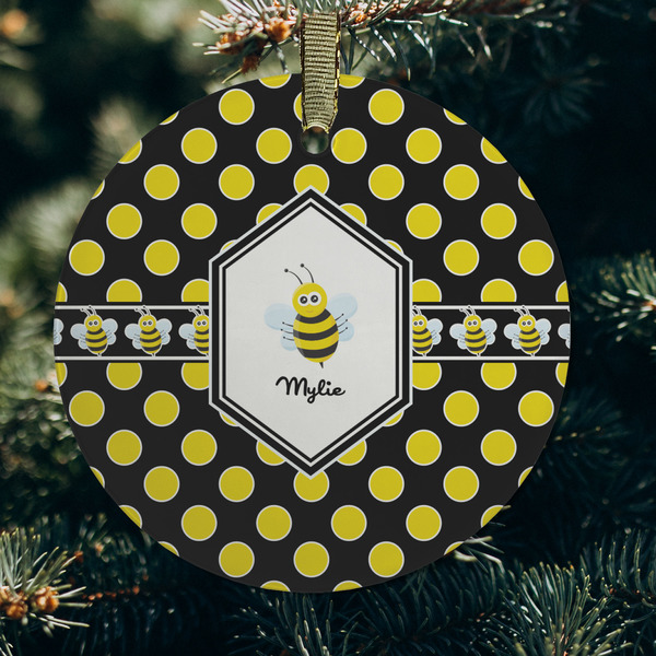 Bee & Polka Dots Frosted Glass Ornament - Round (Lifestyle)