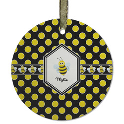 Bee & Polka Dots Flat Glass Ornament - Round w/ Name or Text