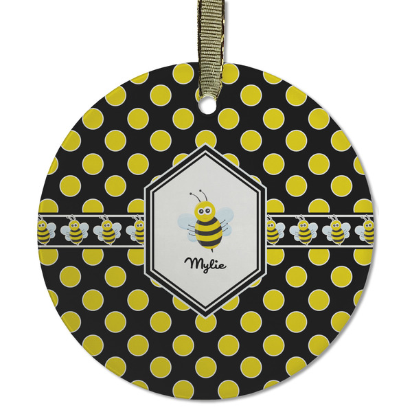 Custom Bee & Polka Dots Flat Glass Ornament - Round w/ Name or Text