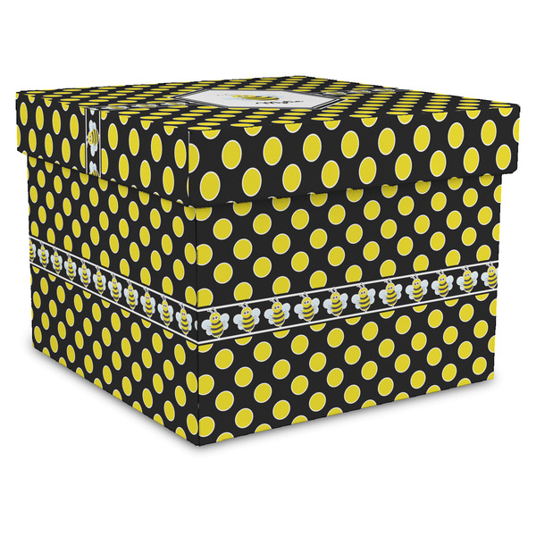 Custom Bee & Polka Dots Gift Box with Lid - Canvas Wrapped - X-Large (Personalized)