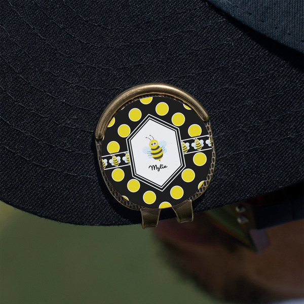 Bee & Polka Dots Golf Ball Marker Hat Clip - Gold - On Hat