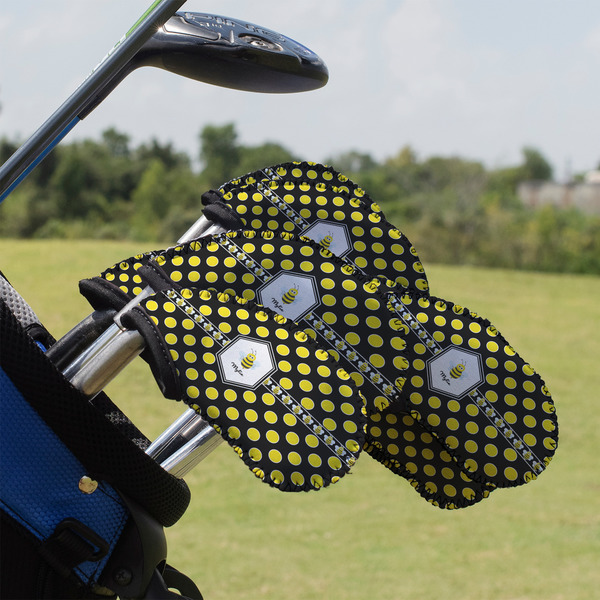Custom Bee & Polka Dots Golf Club Iron Cover - Set of 9 (Personalized)