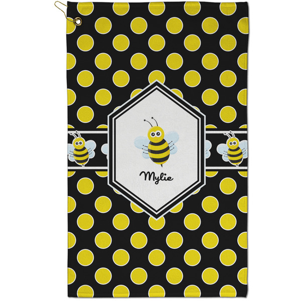 Custom Bee & Polka Dots Golf Towel - Poly-Cotton Blend - Small w/ Name or Text