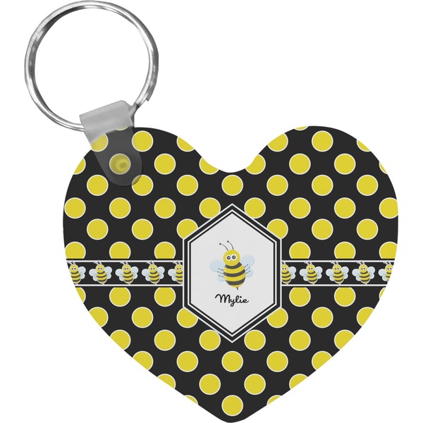 Custom Bee & Polka Dots Heart Plastic Keychain w/ Name or Text