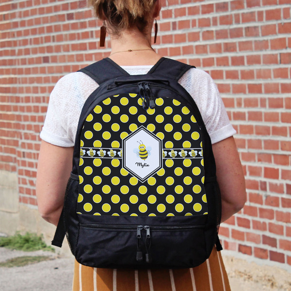 Bee & Polka Dots Large Backpack - Black - On Back