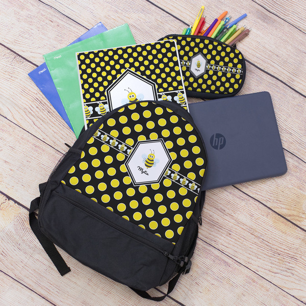 Bee & Polka Dots Large Backpack - Black - With Stuff