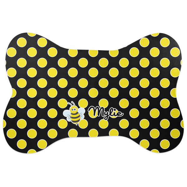 Custom Bee & Polka Dots Bone Shaped Dog Food Mat (Large) (Personalized)