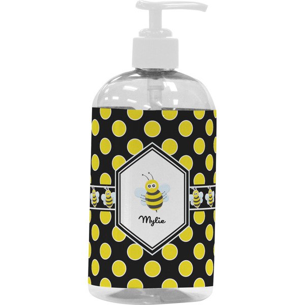 Custom Bee & Polka Dots Plastic Soap / Lotion Dispenser (16 oz - Large - White) (Personalized)