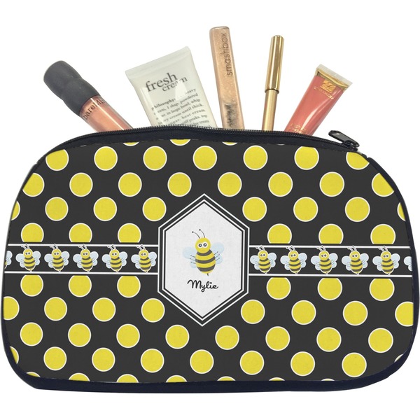 Custom Bee & Polka Dots Makeup / Cosmetic Bag - Medium (Personalized)