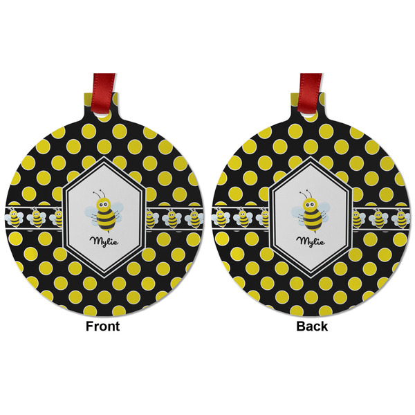 Bee & Polka Dots Metal Ball Ornament - Front and Back